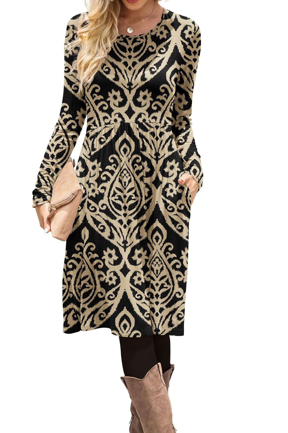 DB MOON Women Casual Long Sleeve Dresses Empire Waist Loose Dress with Pockets (Army Green, 2XL)
