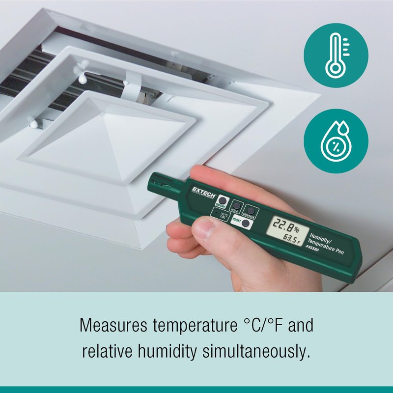 Extech 445580 Humidity and Temperature Pen with Fast Response Sensor, Min/Max Memory, Dual LCD, Pocket-Sized Hygrometer for HVAC, Labs, Storage Rooms, Indoor Air Monitoring