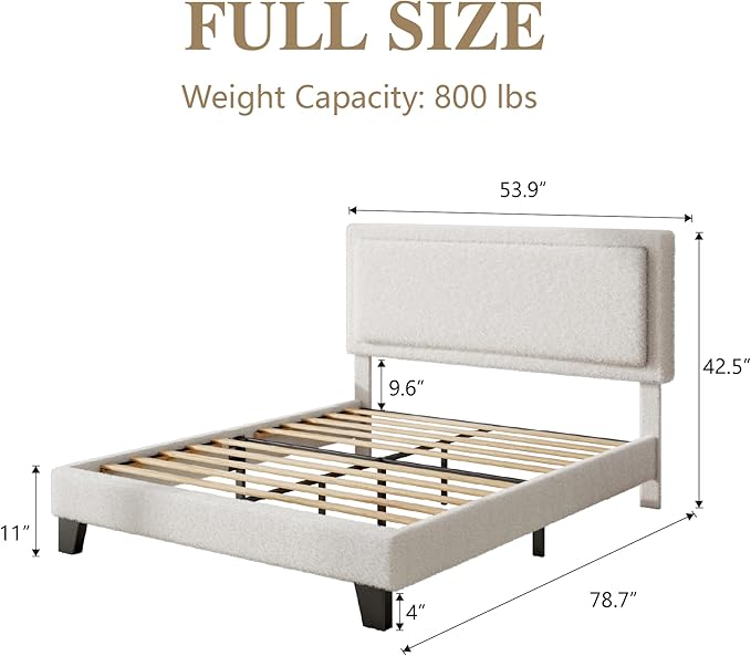 Full Bed Frame, Boucle Platform Bed with Adjustable Upholstered Headboard, No Box Spring Needed, Easy Assembly, White