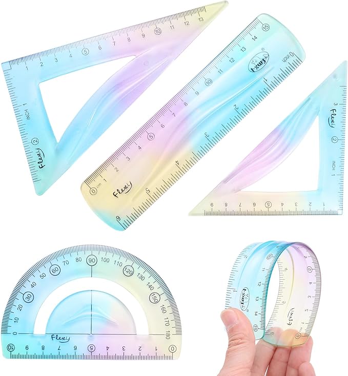 HARFINGTON 4pcs Triangular Ruler Set 15cm Plastic Flexible Straight Metric Soft Bendable Ruler Geometric Protractor Triangle Rulers for Home Office