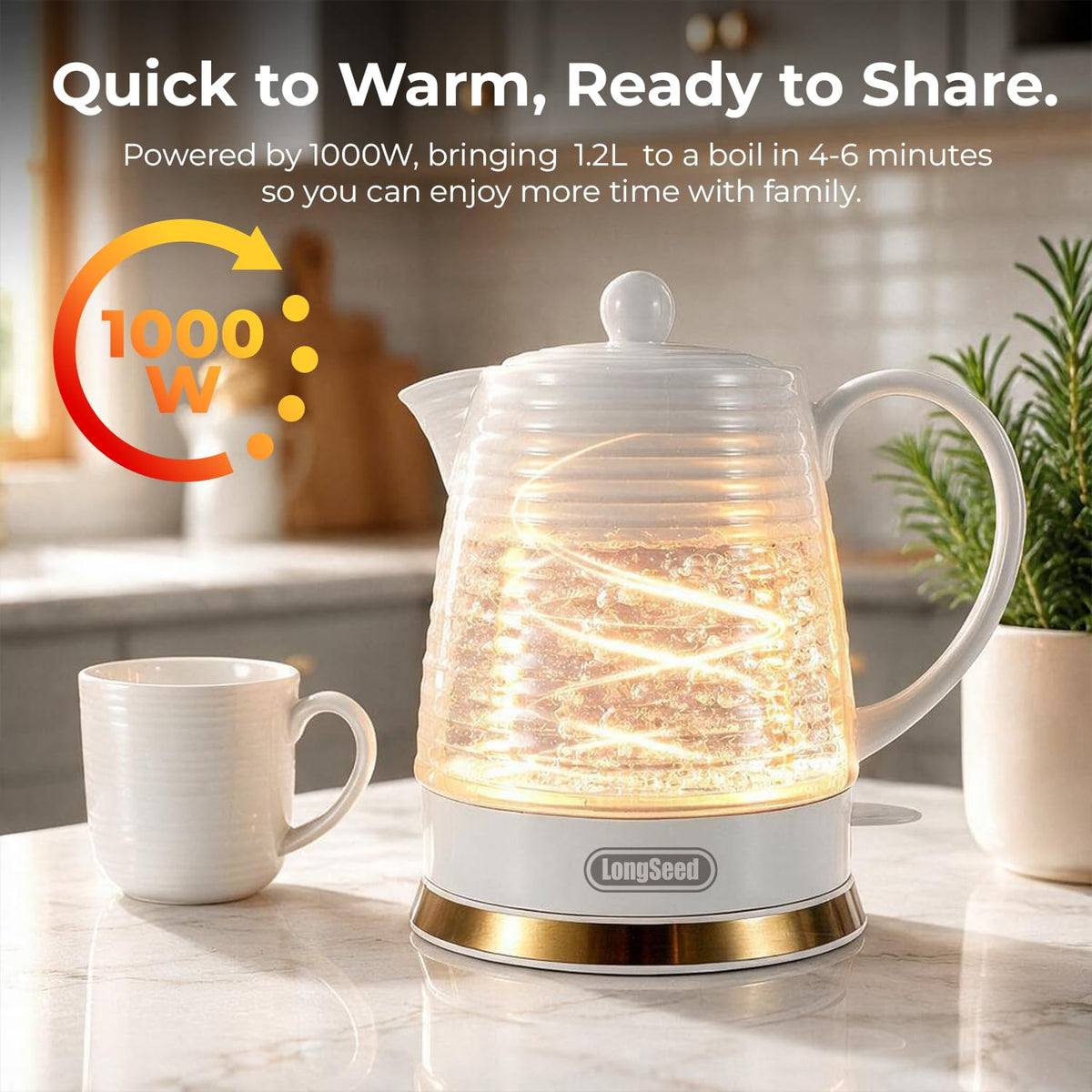 LONGSEED 1.2 Liters Ceramic Electric Kettle with Infuser & Mug Set, 1000W Fast Boil Water for Tea and Coffee, Teapot with Boil-Dry Protection and Auto Shut-Off, Detachable Swivel Base