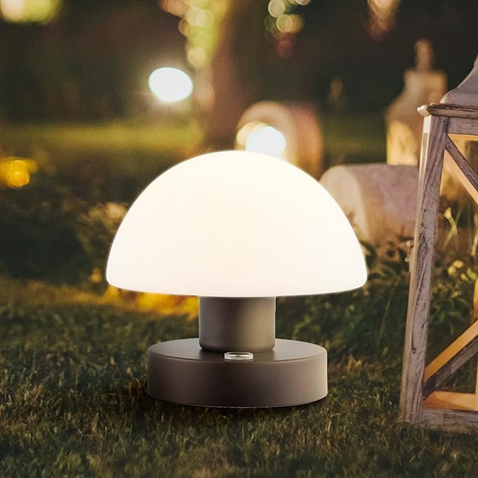JONATHAN Y 5.75" Oil Rubbed Bronze Rechargeable Portable LED Table Lamp, Cordless Mushroom Accent Light for Bar, Nightstand, with Frosted White Glass Shade JYL7113A