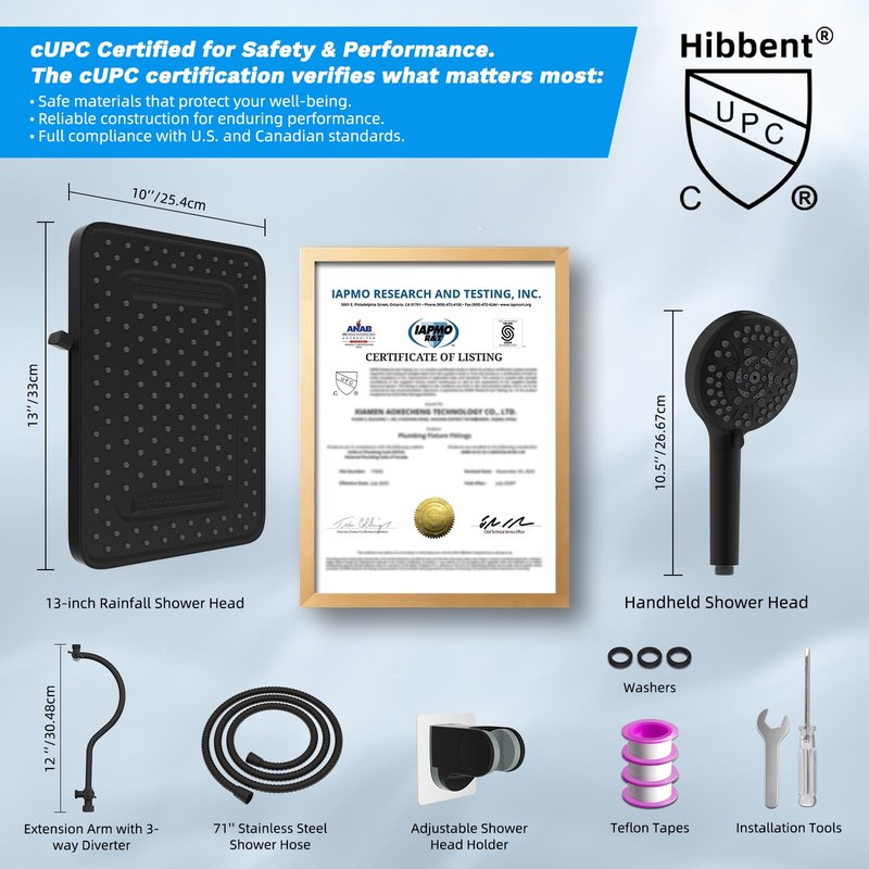 Hibbent cUPC Certified High Pressure 13'' Dual Shower Head Combo with 10-mode Handheld Spray, Rainfall 5-spray Shower Head, 12'' Adjustable Extension Arm, 71'' Hose, Showerhead Holder, Matte Black