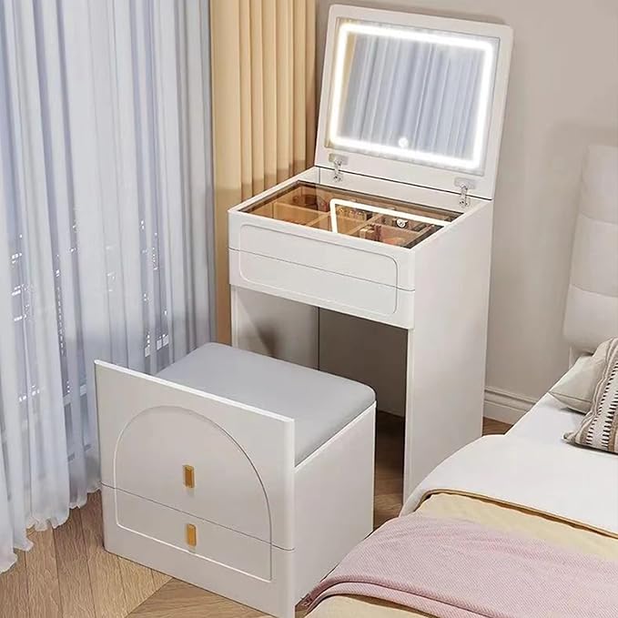 Compact Vanity Desk with Mirror, 3 in 1, Corner, Small Makeup with Stool, Flip Over Vanity Desk with Four Storage Areas and LED Mirror Light (White, 23.6in)