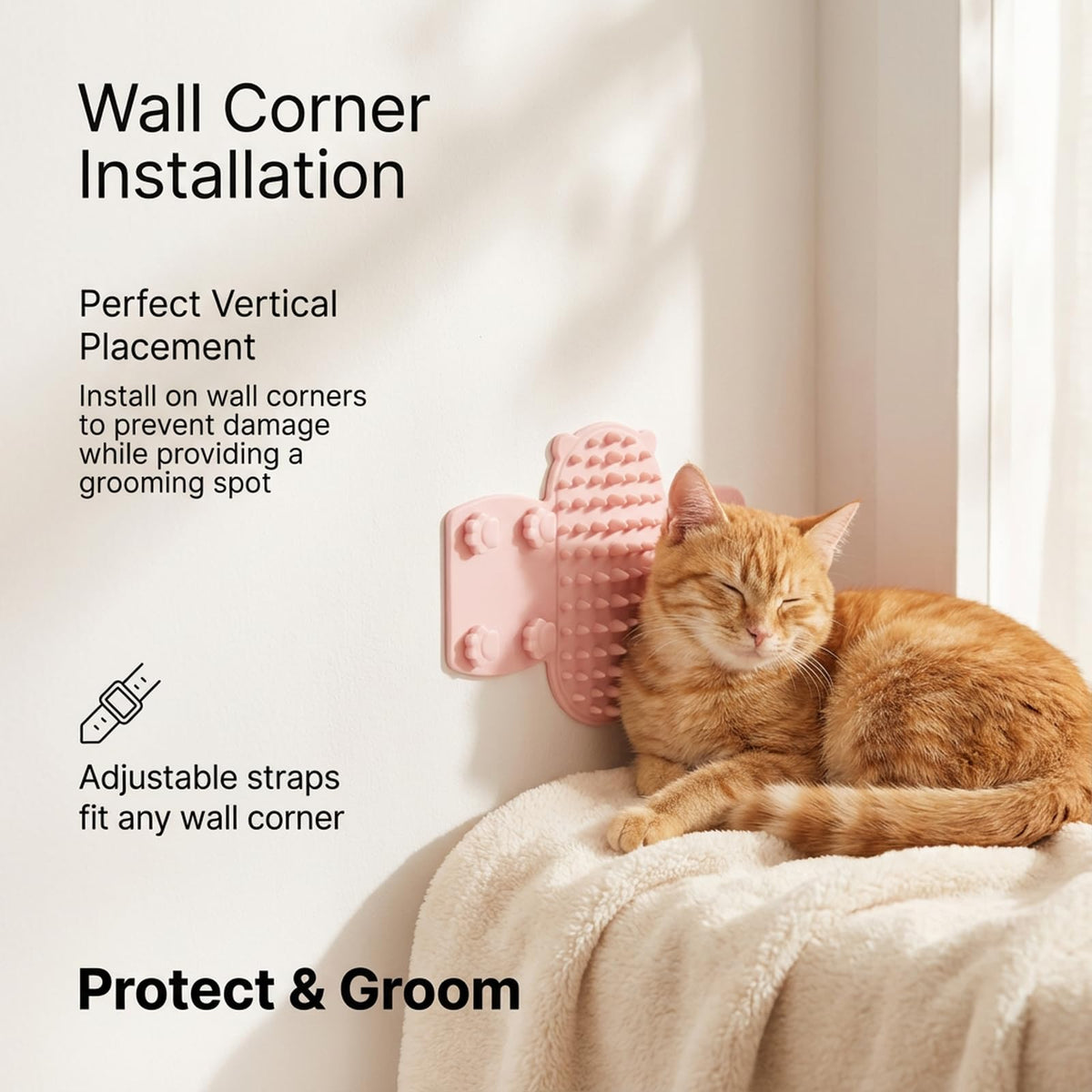 1pc Cat Self Groomer, Silicone Soft Wall Corner Massage Brush with Adjustable Straps, Interactive Scratcher Comb for Indoor Cats & Kittens, Table Leg & Cage Furniture Protector (Pink)