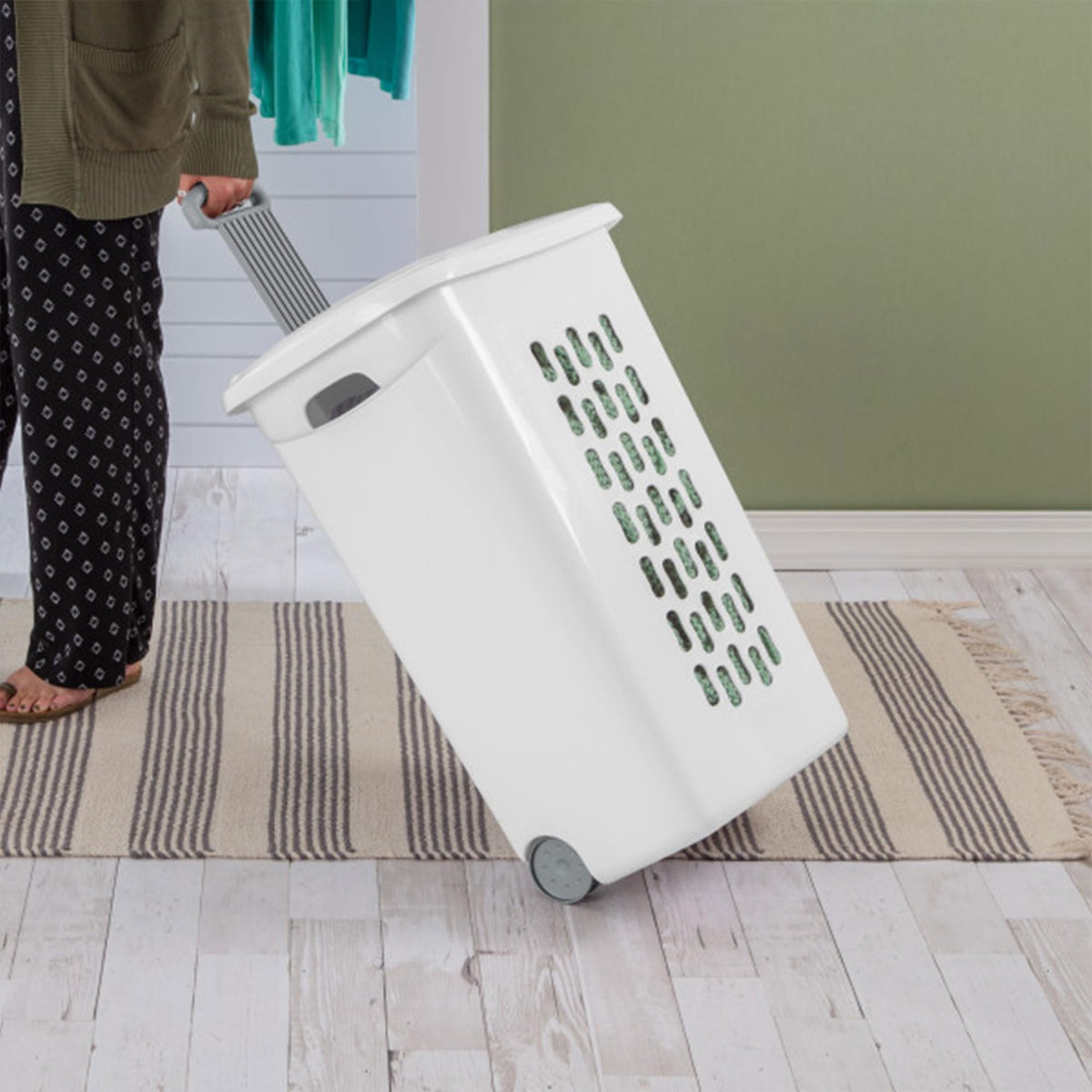 Sterilite 3-Pack Ultra Wheeled Hamper, Laundry Basket w/ Flip-Top Lid & Retractable Handle - Plastic Rolling Clothes Storage Cart with Ventilated Holes for Home, Apartment or Dorm