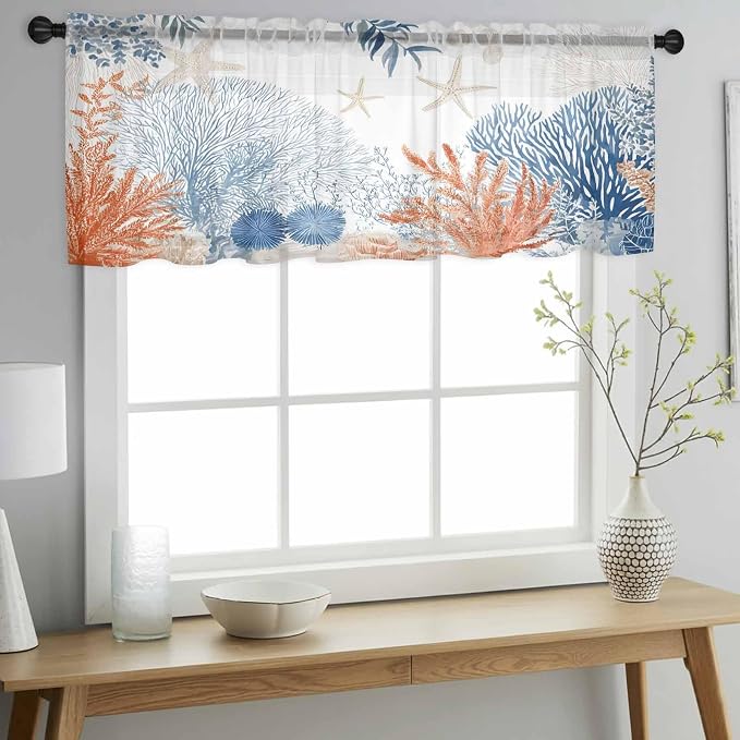 Ocean Corals Sheer Valance Curtains, Summer Beach Coral Sea Stars Light
