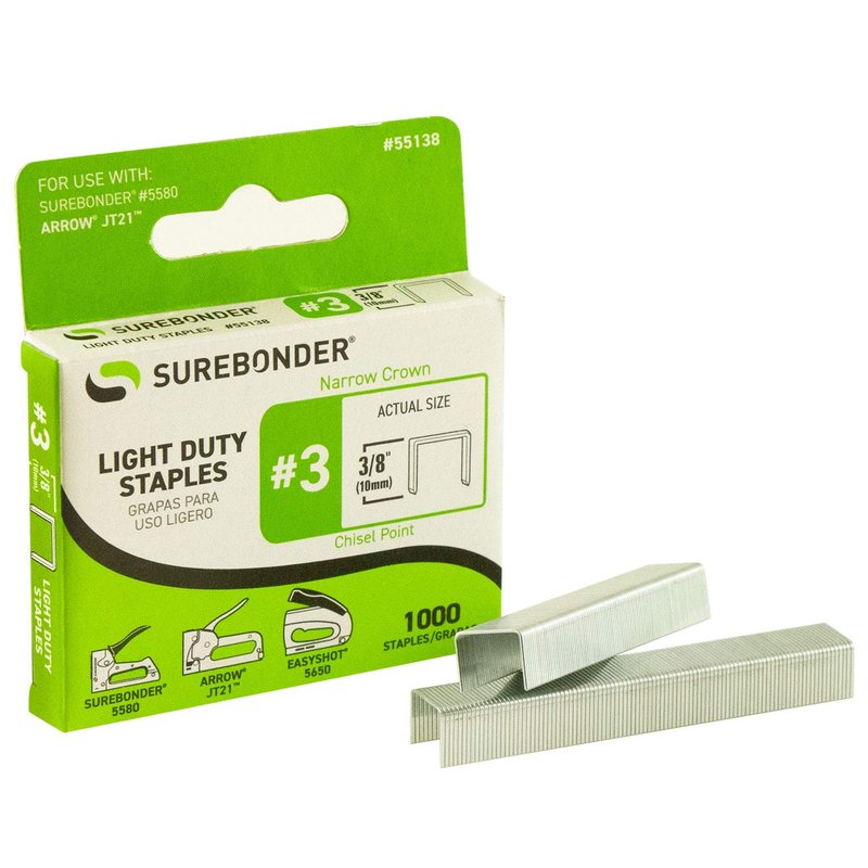 Surebonder 55138 Light Duty 3/8-Inch Leg Length, .441-Inch Crown Staples, Arrow JT21 Type, 1000 Count