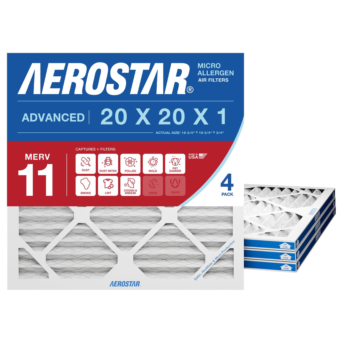 Aerostar 20x20x1 MERV 11 - 4 Count - Pleated HVAC, Furnace & Air Conditioner Filters - Removes Dust, Cold & Flu Germs, Lint, Mold, Pet Dander, Allergy-Causing Pollen, Smog & Smoke