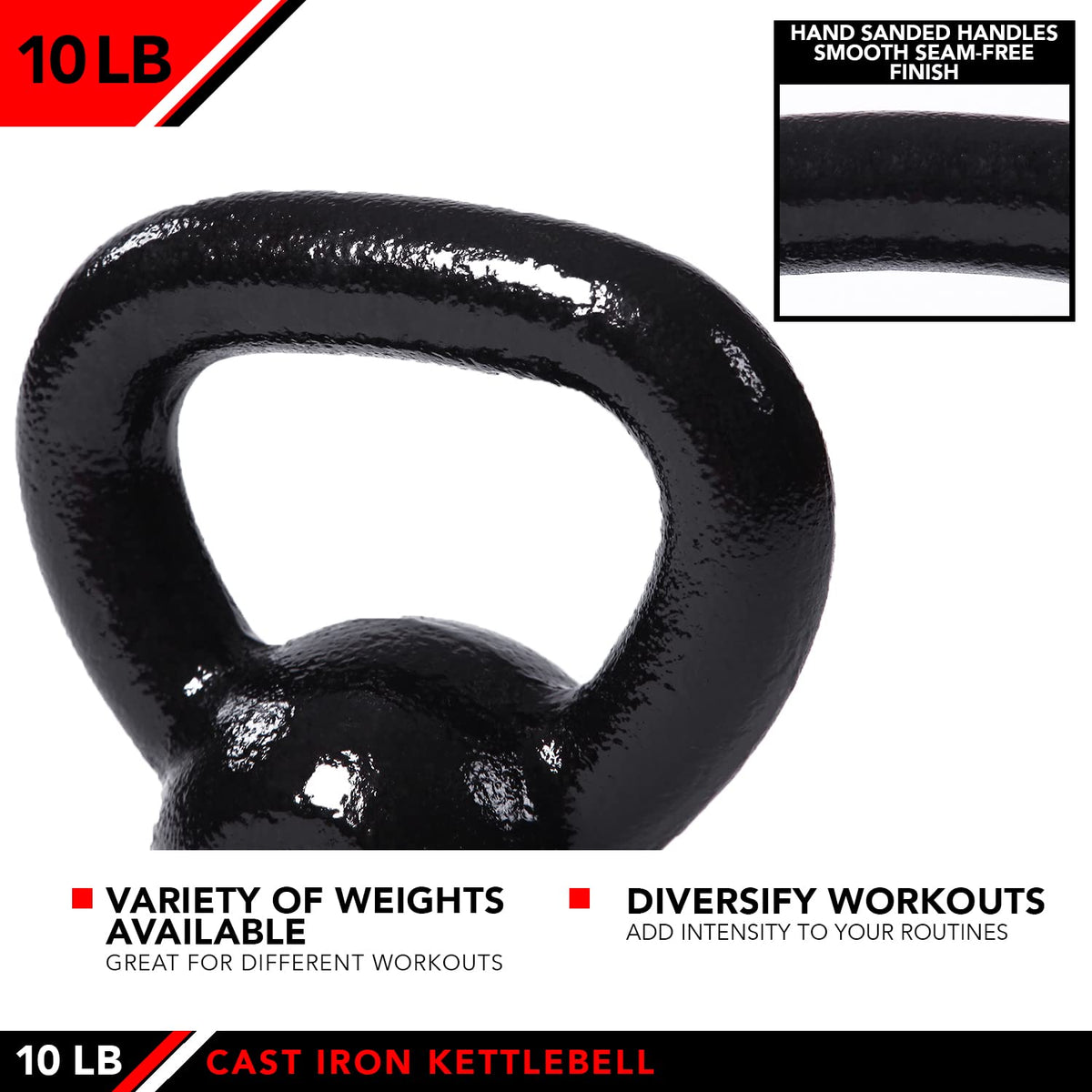 JFIT Cast Iron Kettlebell – Single Weight, Flat Bottom, Polished Handle | Men & Women | CrossFit, Cardio & Strength Training - 10 lbs
