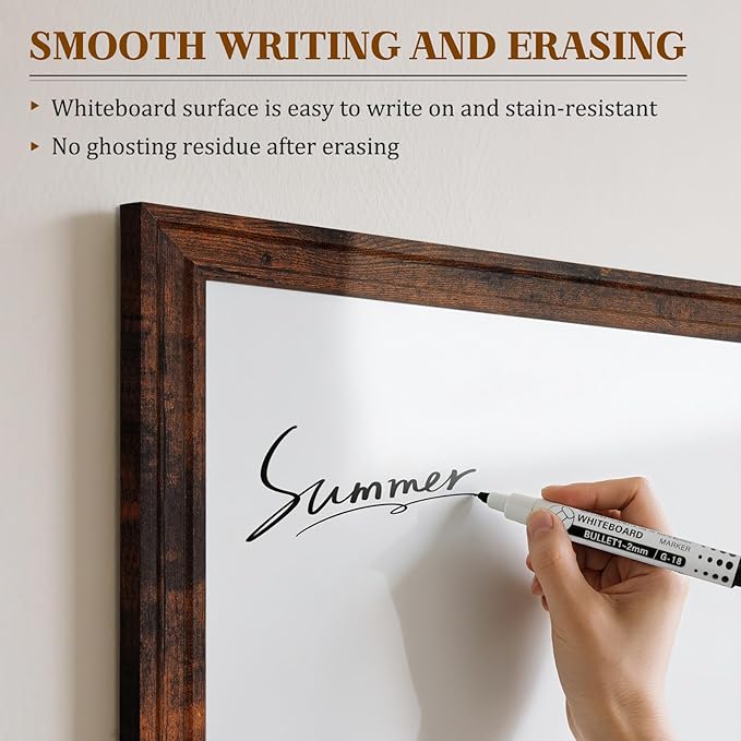 Large White Board for Wall, 36'' x 24'' Magnetic Dry Erase Board, Decorative Whiteboard, Brown Vintage Wooden Frame