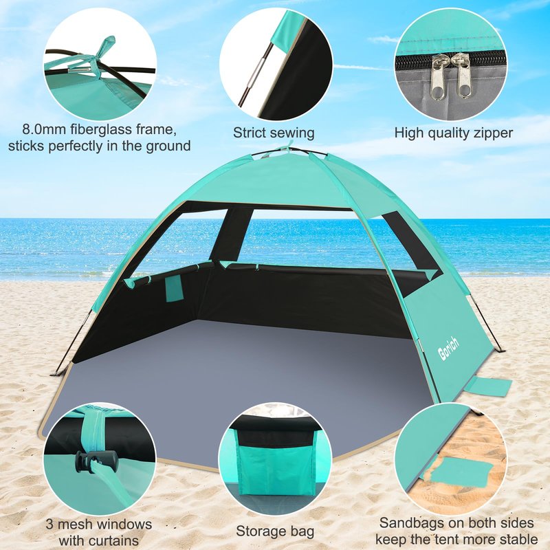 Gorich Beach Tent Sun Shelter for 3/4/6/8/10 Person with UPF 50＋ UV Protection, Lightweight & Easy Setup Beach Shade Canopy, Portable Beach Shade Tent Beach Cabana
