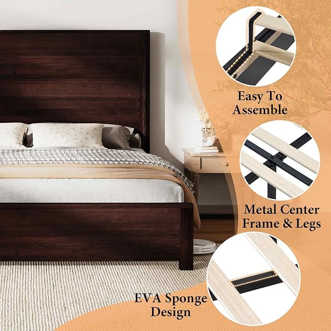 AMERLIFE Queen Size Bed Frame with 51.2" Spliced Headboard, Rustic Bedframe Wood Platform Bed/Wood Slats Support, No Box Spring Needed, Noiseless, Dark Brown