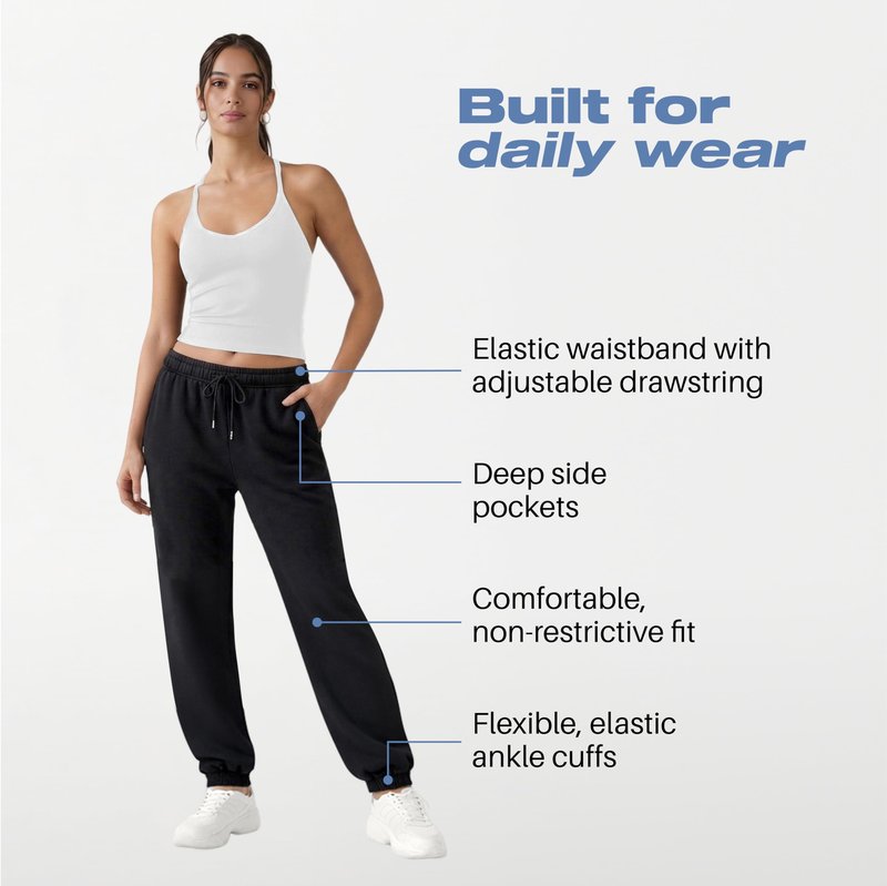 Common Stitch 3 Pack Fleece Elastic Cuff Joggers for Women — Deep Pockets, Tapered Fit, Elastic Drawstring Waist