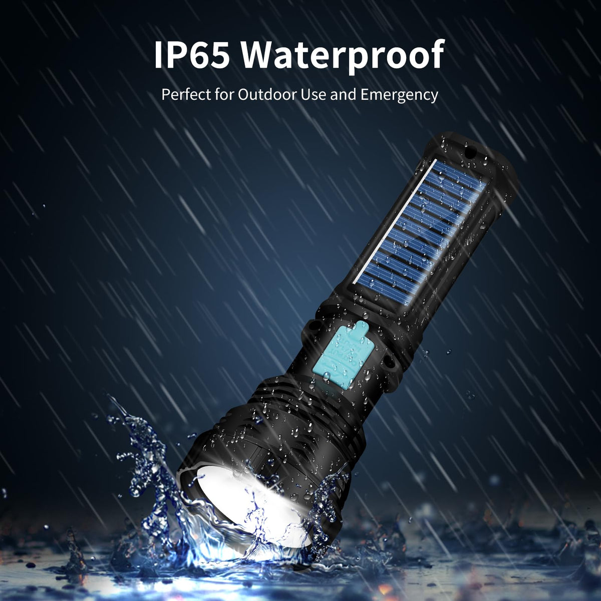VOETIR Led Solar Flashlight, 1500 Lumens Led Solar Handheld Flashlights with IP65 Waterproof for Survival Emergencies Camping (1 Pack)