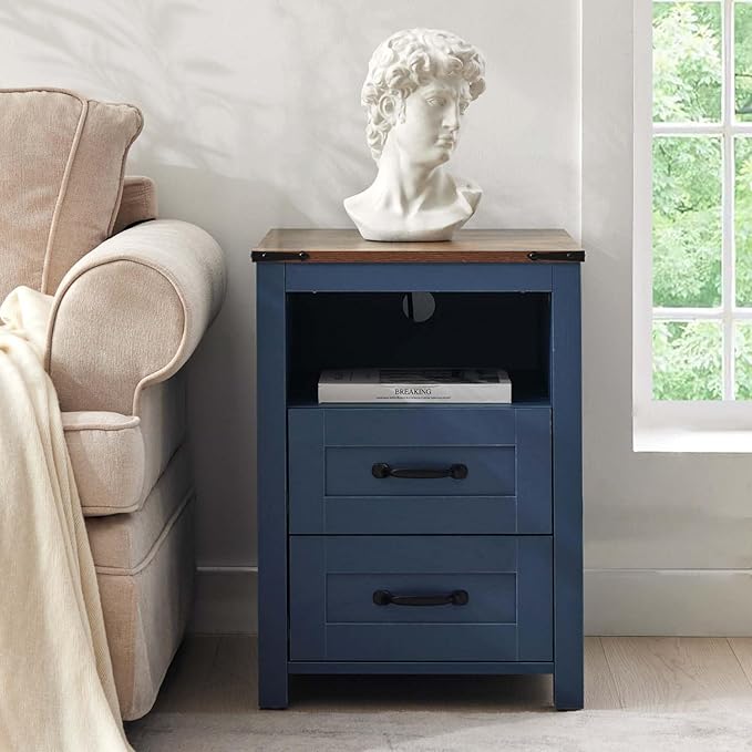 Farmhouse Night Stand Set of 2, Rustic Blue Nightstand for Bedroom, End Tables Without Charging Station, Bedside Table with Drawers, Wood Bedside Cabinet Dresser