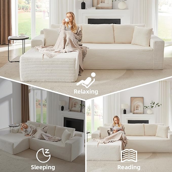 Modular Cloud Sectional Couch with L-Shape Chaise,Modern Upholstered Couches with Deep Seat,Corduroy Sponge Compressed Sofa for Living Room,No Assembly Required (Off White)