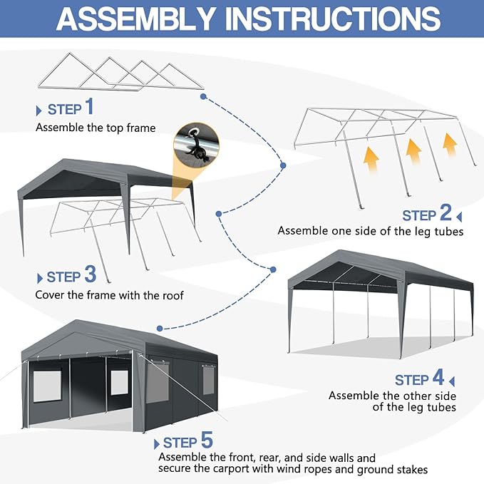 VINGLI 10x20 Carport Canopy Portable Garage with Roll-up Windows & Removable Sidewalls, Car Canopy Heavy Duty Car Port Tent for SUV, Boats, RVs, Trucks