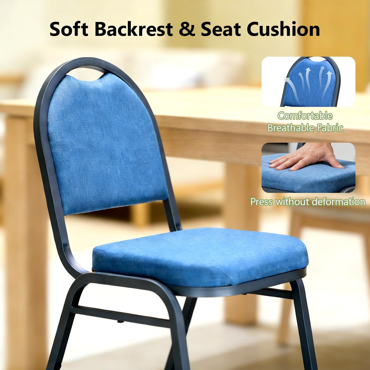 MAKE CHANGES Stackable Banquet Dining Chairs 4 Pack, Upholstered Crown Back Event Chairs with Blue Fabric Seat, Heavy Duty Steel Frame, 300 lb Capacity, No Assembly, for Restaurant Wedding Conference