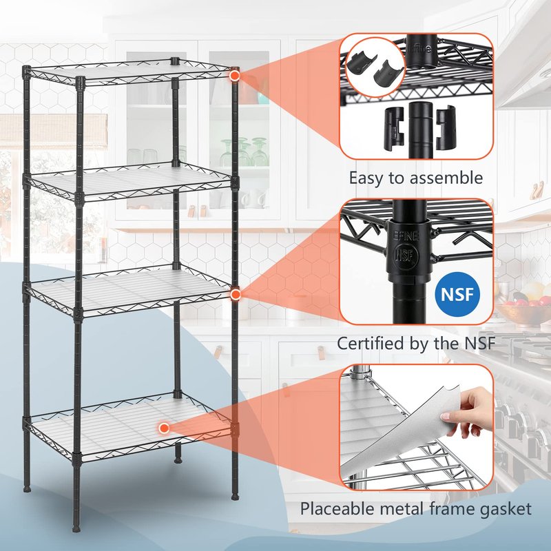 FDW 18L x 12W x 44H Wire Shelves Metal Shelf with 4 PP Sheets Storage Shelves 4 Tier Layer Storage Shelves for Laundry Bathroom Kitchen Garage,Black