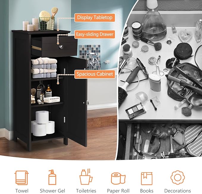 COSTWAY Bathroom Storage Cabinet, Single Door Floor Cabinet with Drawer and 3-Level Adjustable Shelves, Modern Side Storage Organizer with Anti-Tipping Device for Living Room, Bedroom (Brown)