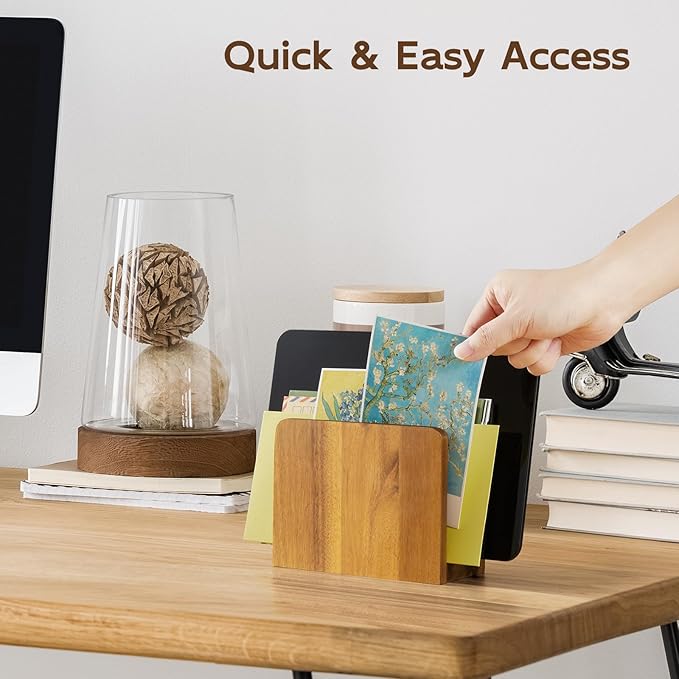 Acacia Wood Mail Organizer, Mail Holder for Desk, Letter Holder for Countertop, Small Envelope Holder, Desk Organizers and Accessories for Home Office