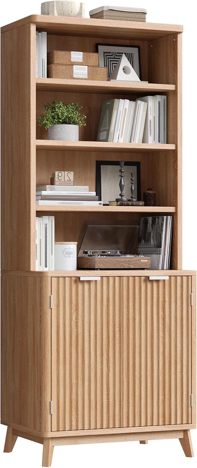 Tall Bookshelf, 6-Tier Bookcase with Fluted Doors & Adjustable Shelves, Mid-Century Cabinet, Modern Wooden Book Shelf for Home Office, Living Room, Kitchen, Light Oak