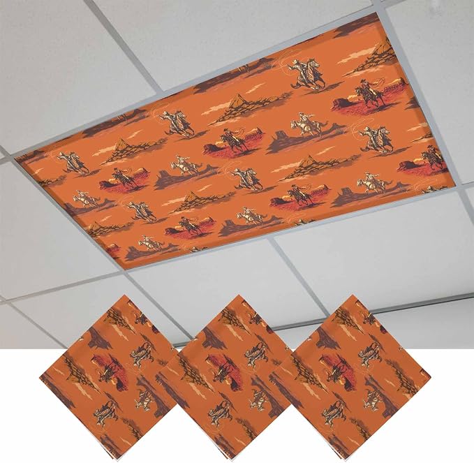Cowboys Horses 3 Pcs Fluorescent Light Covers 4 x 2 Feet, Desert Ethnic Winds