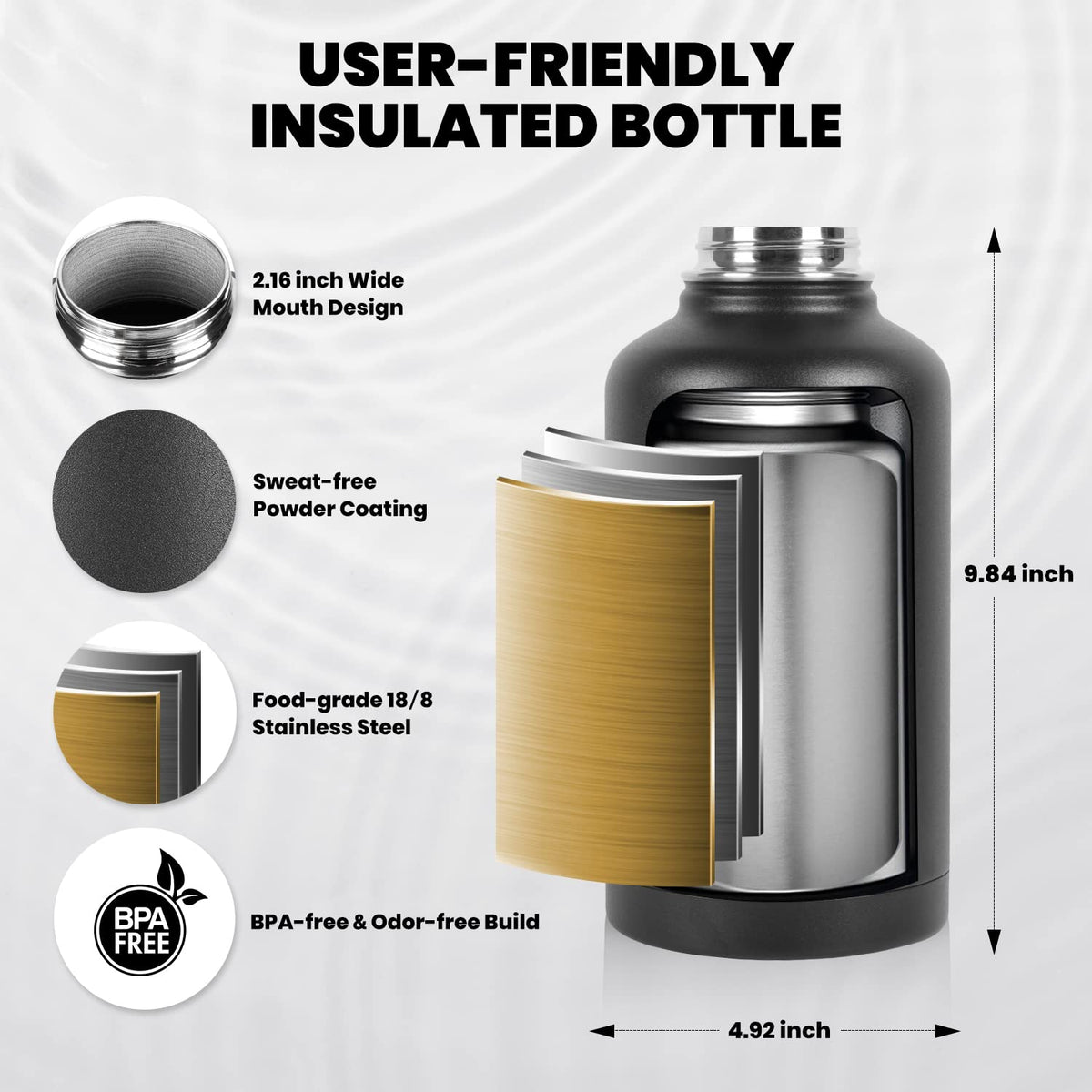 RAYMYLO Insulated Water Bottle 64 oz, Triple Wall Vacuum Stainless Steel (Cold for 48 Hrs), Leak Proof & Non-BPA, Half Gallon Water Flask Jug with Paracord Handle & Straw Spout Lids, Magic Black