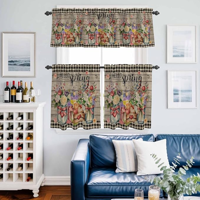 Kitchen Curtains Tiers and Valance Set of 3, Spring Flowers Light Filtering