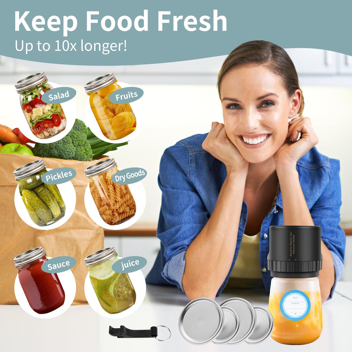 Mason Genie Vacuum Sealer Kit for Mason Jars, Compatible with Wide & Regular Mouth, Food Storage Vacuum Sealing System for Dry & Liquid Foods (Black)