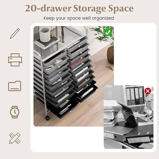 COSTWAY 20-Drawer Rolling Storage Cart, Utility Storage Organizer Cart for Tools, Scrapbook, Paper, Craft, Multipurpose Storage Trolley on Wheels for Home Office School, Mixed Black