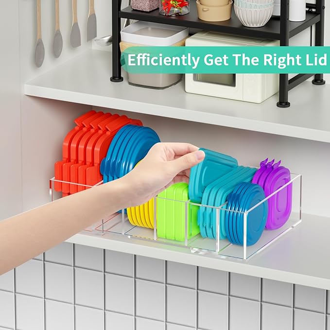 YUNEASELF Expandable Lid Storage Organizer: Kitchen Food Container Lids Organizer for Cabinet - Acrylic Extra Large 10-18" Food Storage Container Holder for Cabinets Cupboards Pantry Drawer