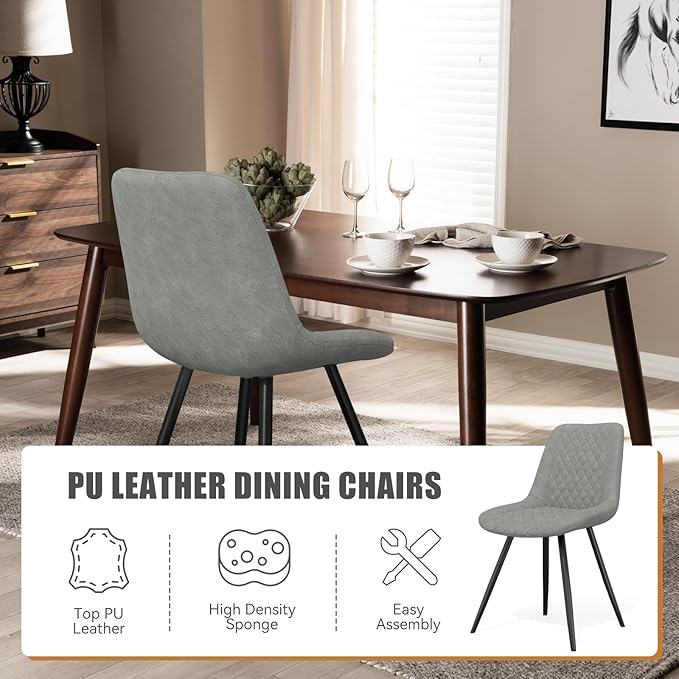 Modern Dining Chairs Set of 4, Quality Faux Leather Upholstered Dining Chairs with Metal Legs, Dinner Chairs for Dinning Room Kitchen, Grey