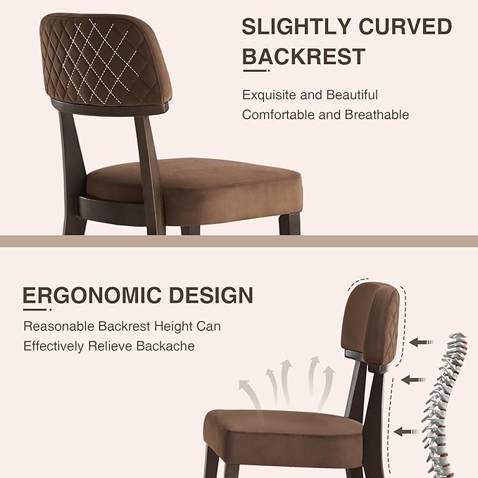 Modern Wood Dining Chairs Set of 2, Velvet Upholstered Kitchen Chairs with Open Curved Backrest & Black Hardwood Legs for Vanity, Living Room, 350 LBS Capacity, Brown