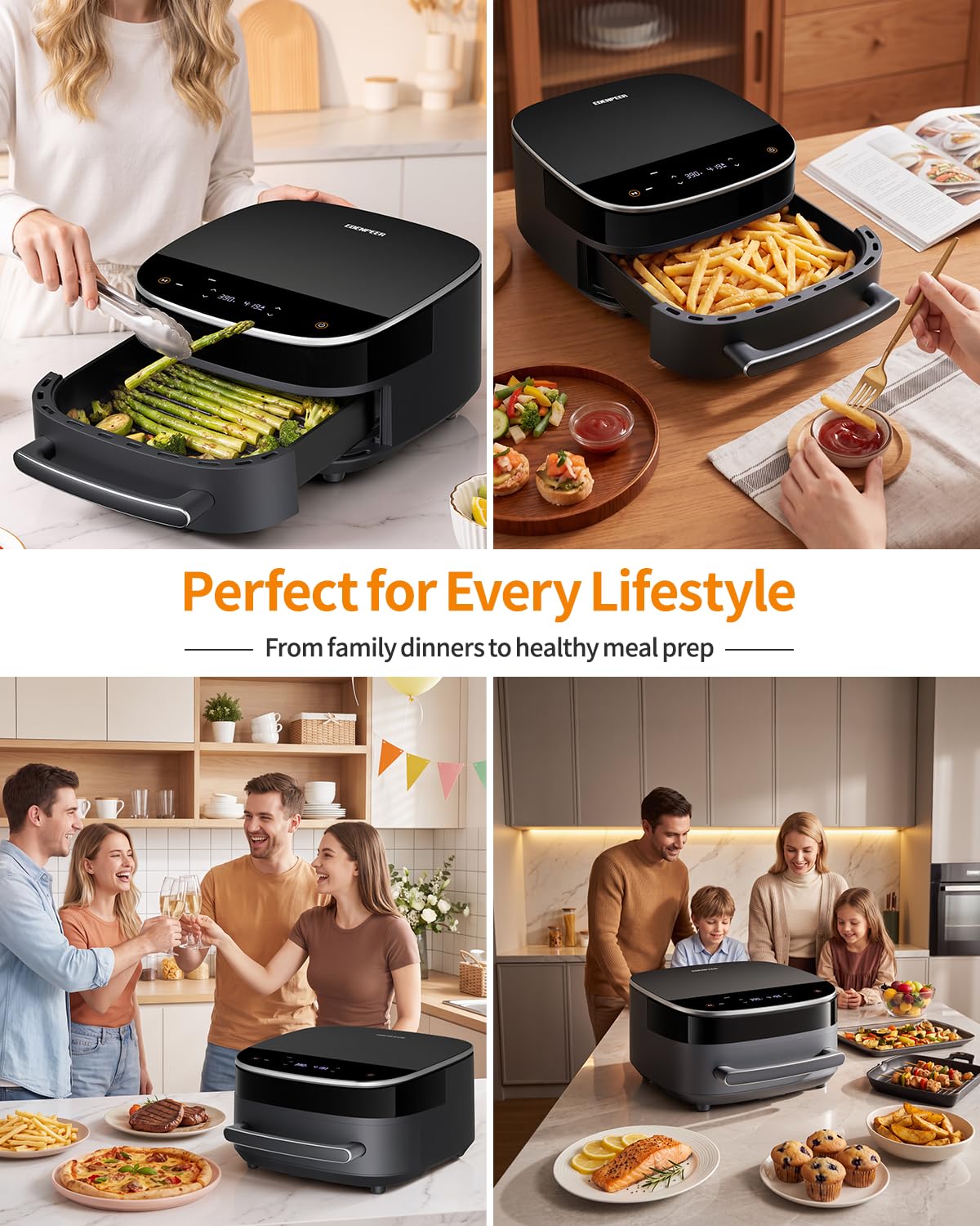 6QT Large Air Fryer, 11-in-1 Air Fryer Top & Bottom Heating, No Flip Needed