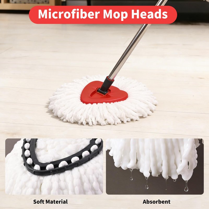 Jikefa Mop Replacement Heads, Handle, Base Compatible with O Cedar EasyWring 1-Tank Spin Mop System, 2 Microfiber Mop Head Refills, 4-Section Iron Handle 30-58in and 1 Spin Base Cover Set