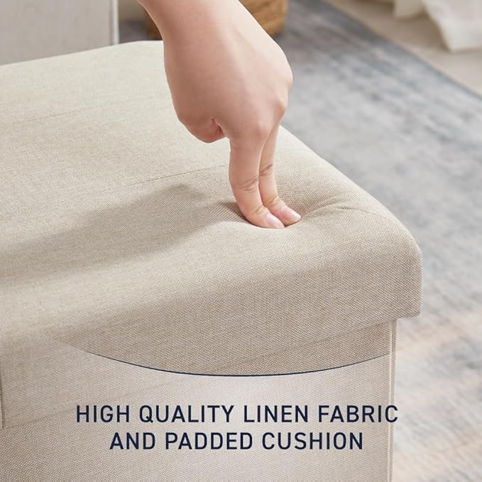 30 Inches Folding Storage Ottoman Bench, Ottoman Foot Rest, Storage Chest, End of Bed Foot Rest Stool with Padded Seat for Living Room, Bedroom, Entryway, Support 660lbs, Linen, Beige