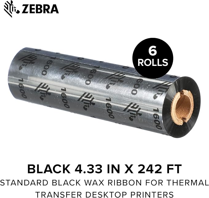 Zebra Standard Black Wax Ribbon for Thermal Transfer Desktop Printers Width 4.33 in Length 242 ft 0.5 in Core Pack of 6 Rolls Compatible with Multiple Models 10031723SP
