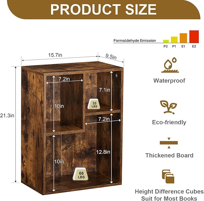 VECELO Small Bookshelf, 3 Cube Shelf, Fits Tallest Hardcovers, Horizontal Available, Short Bookcase for Small Spaces, Brown