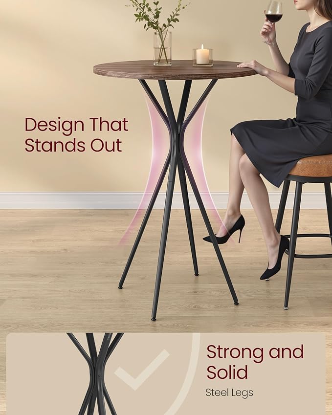 VASAGLE Bar Table, Round Cocktail High Top Pub Bistro Table for Party, Kitchen Dining, Home Bar, 23.6 x 23.6 x 41.3 Inches, Metal Frame, Modern Style, Easy to Assemble, Natural Walnut and Black