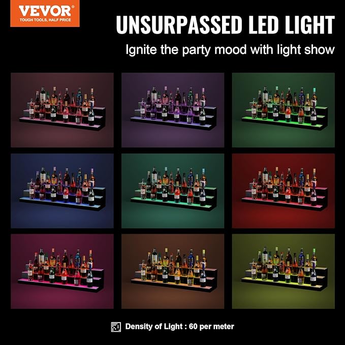 VEVOR LED Lighted Liquor Bottle Display, 3 Tiers 48 Inch Commercial Illuminated Home Bar Shelf, 3 Steps Whiskey Rack Stand, Acrylic Drink Shelves with RF Remote & App Control, and Multicolor Light
