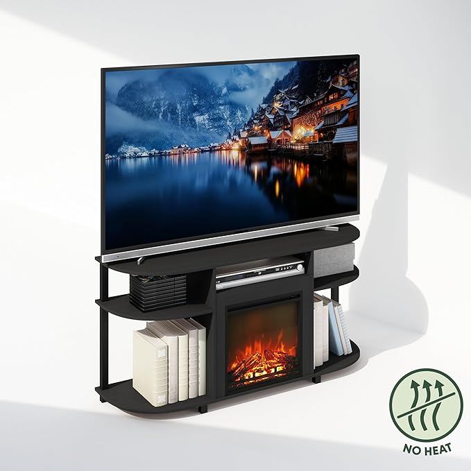 Furinno Jensen Fireplace TV Stand, NO Heat Decorative Electric Fireplace TV Stand for TV up to 55 Inch, with Curved Open Storage, for Living Room, Americano