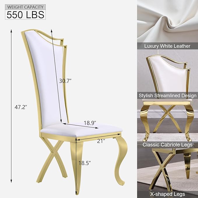 White and Gold Dining Chairs Set of 2, White Leather Dining Room Chair with Gold Polished Metal Legs, Glam Upholstered Kitchen Chairs for Dining Room, Kitchen, Living Room