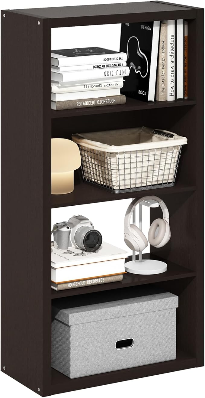 Furinno Viola Book Shelf, 4-Tier Bookshelf, Extra Thick Frame Bookcase with Open Shelf, Open Back Design, 11.3" x 23.2" x 45.4", for Living Room, Bedroom, Home Office, Black Dark Oak