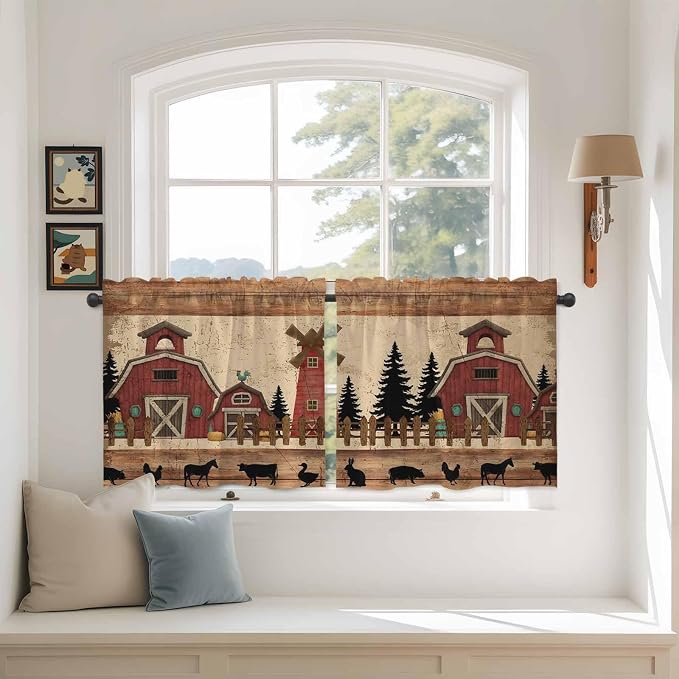Brown Farmhouse Tier Curtains, Vintage Country Animals Wooden Grain Light