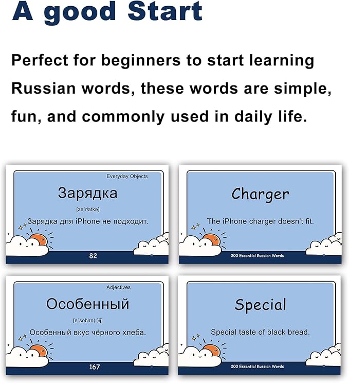 200 Essential Russian Words Vocabulary Flash Cards Flashcard for Beginners Adults | Learn Russian for Beginners Adult