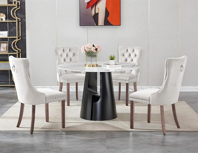 5-Piece Faux Marble Round Dining Table Set for 4, Modern Luxury Kitchen Table Set for 4 with Beige Tufted Chairs,Circle Dining Tables with White Marble Grain Top and Black Pedestal Base
