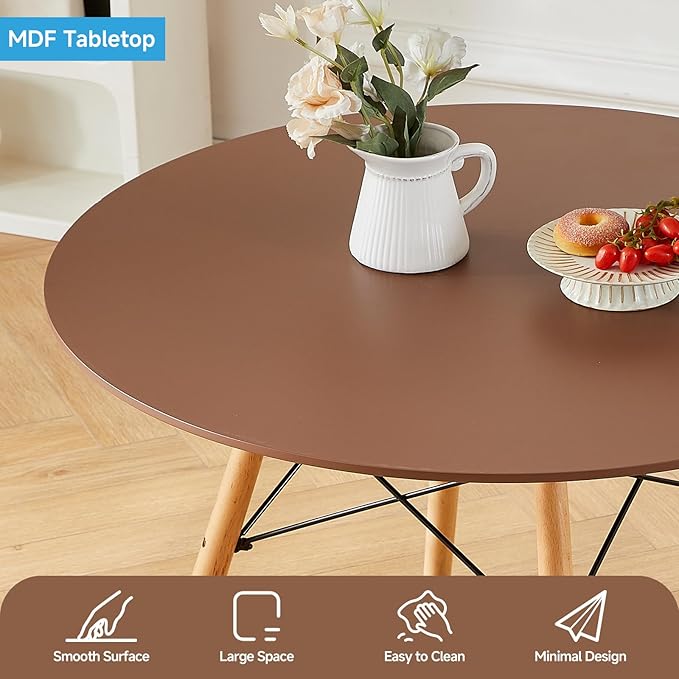 Round Dining Table Set for 4 35.5" Wood Dinner Table Circle Dining Table Kitchen Table Chairs Set of 4 with Wood Strip Base for Kitchen Living Room Space Saving Apartment(Brown)
