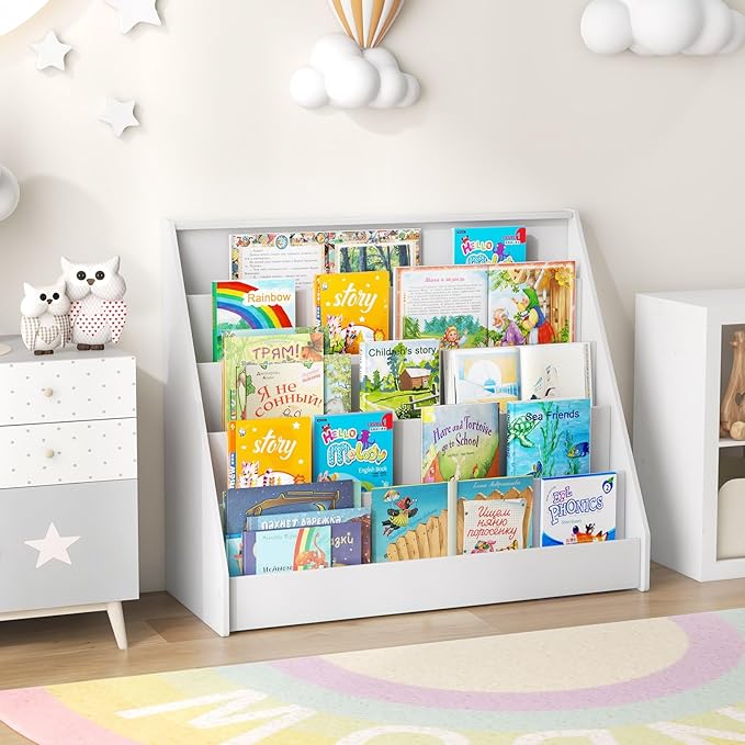 KOTEK 5-Tier Kids Bookshelf, Wooden Floor Display Shelf for Books and Magazines, Toddler Bookcase, Montessori Book Shelf for Kids Room, Daycare, Preschool, Classroom (White)